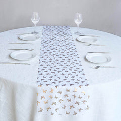 5 Pack Sheer Organza 11"x108" Table Runner Rolls White Disposable with Metallic Gold Foil Butterflies Motifs