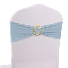 5 Pack Spandex Chair Sashes Dusty Blue with Gold Rhinestone Buckles - Reusable Four-Way Stretch Sash Bands 5"x14"