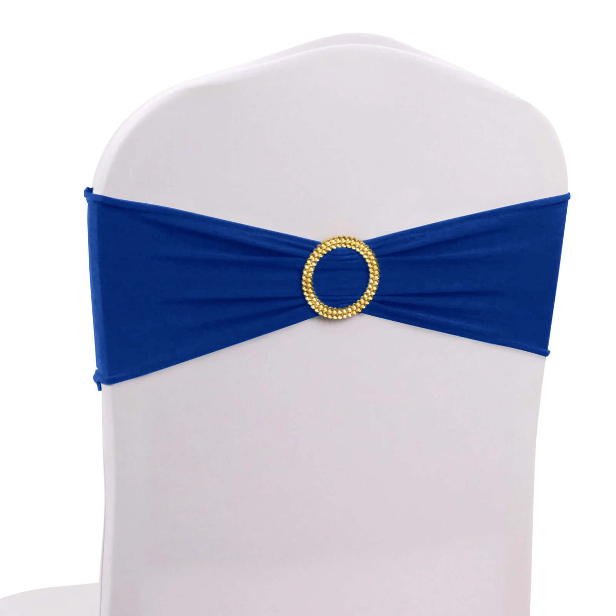 5 Pack Spandex Chair Sashes Royal Blue with Gold Rhinestone Buckles - Reusable Four-Way Stretch Sash Bands 5"x14"