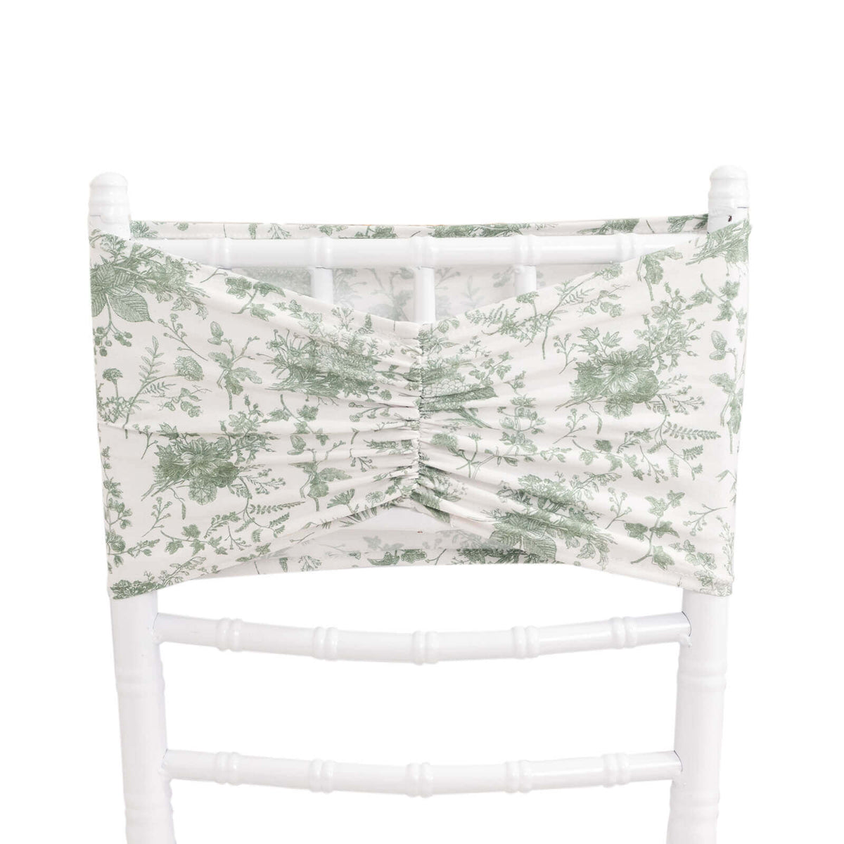 5 Pack Spandex Chair Sashes White/Dusty Sage Green French Toile Floral Pattern - Wide Wrinkle-Free Stretchable Chair Bands 8"x13"