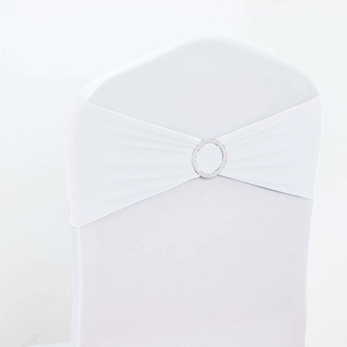 5 Pack Stretch Spandex Chair Sashes White - Classy Reusable Chair Bands with Silver Diamond Ring Slide Buckle 5"x14"