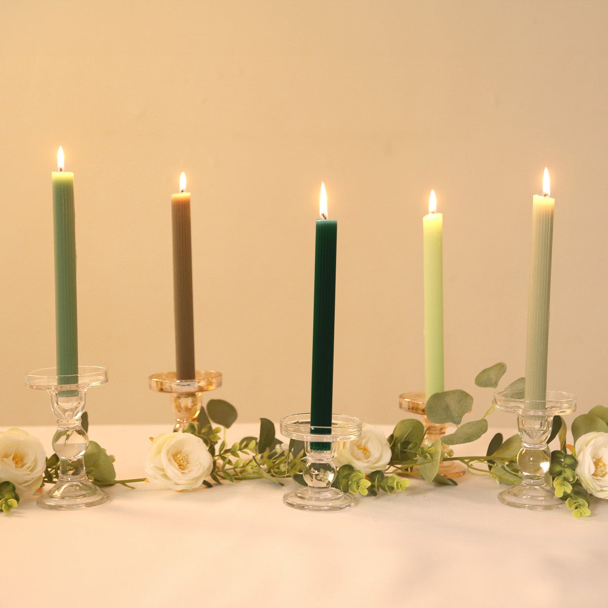 5-Pack Taper Candles Ribbed Wick Ribbon Wax Design Assorted Sage Green - Premium Unscented Dinner Candles 9"