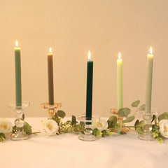 5-Pack Taper Candles Ribbed Wick Ribbon Wax Design Assorted Sage Green - Premium Unscented Dinner Candles 9"