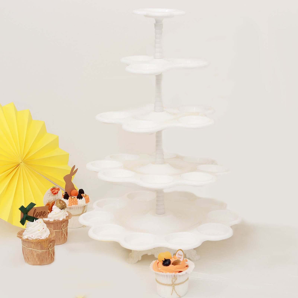 5-Tier Plastic Cupcake Holder Stand White - Dessert Tower with Scalloped Edge Design Versatile Display for Sweet Treats 18"