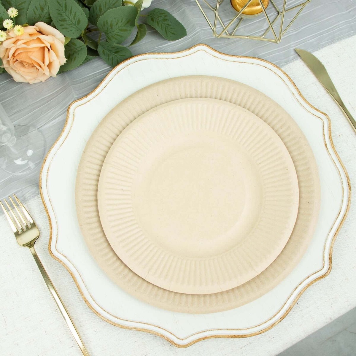 50-Pack Bagasse 8" Round Dessert Plates in Natural with Ribbed Rim