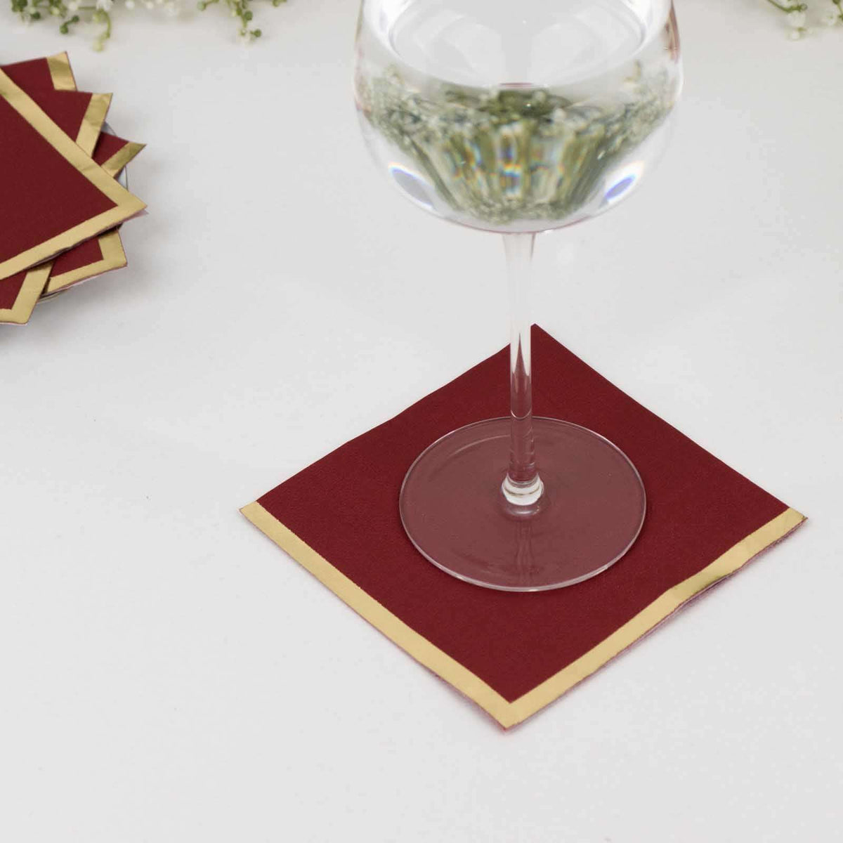 50-Pack Paper Beverage Napkins Burgundy with Gold Foil Edge - 2 Ply Disposable Soft 18GSM Cocktail Napkins 5"x5"