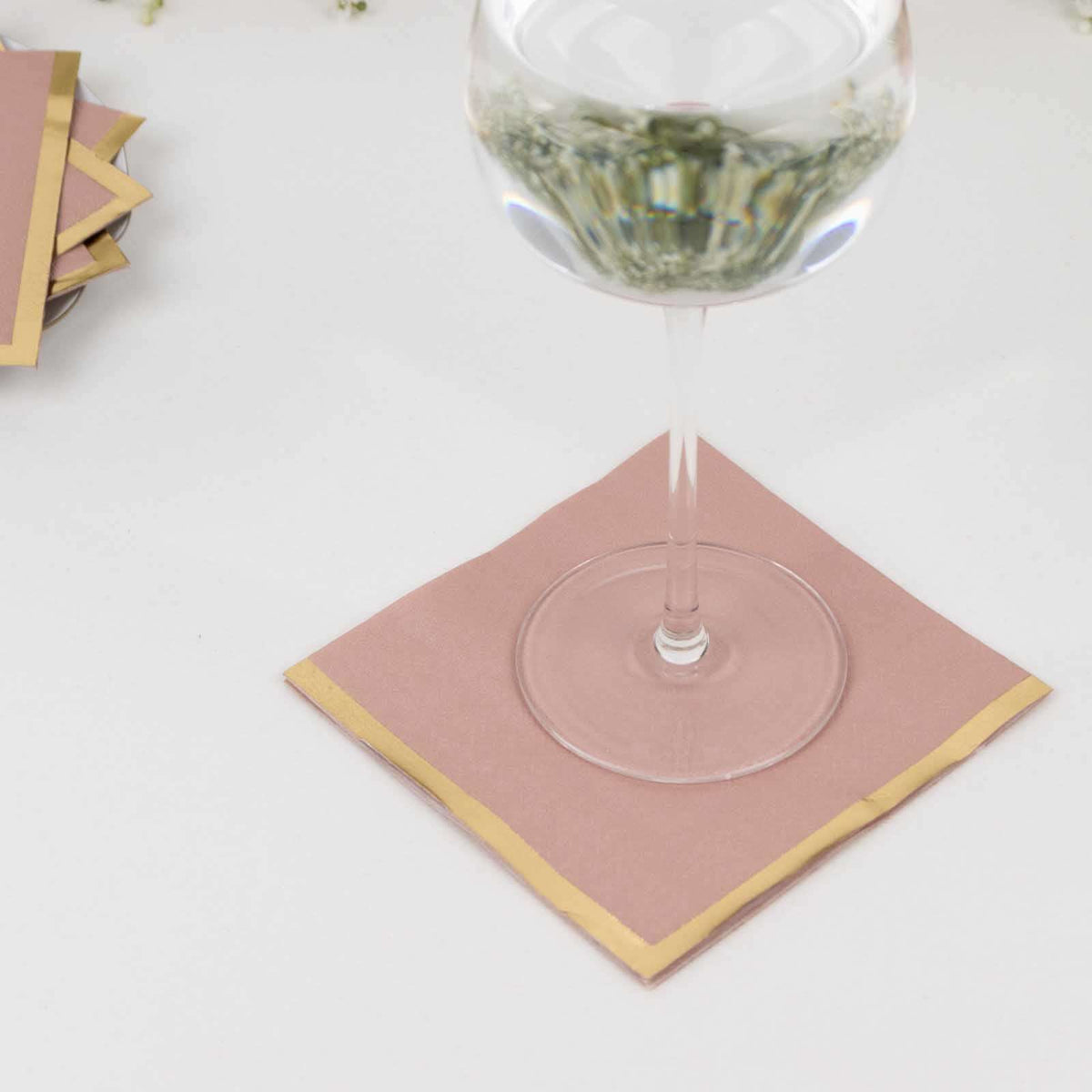 50-Pack Paper Beverage Napkins Dusty Rose with Gold Foil Edge - 2 Ply Disposable Soft 18GSM Cocktail Napkins 5"x5"