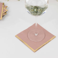 50-Pack Paper Beverage Napkins Dusty Rose with Gold Foil Edge - 2 Ply Disposable Soft 18GSM Cocktail Napkins 5"x5"
