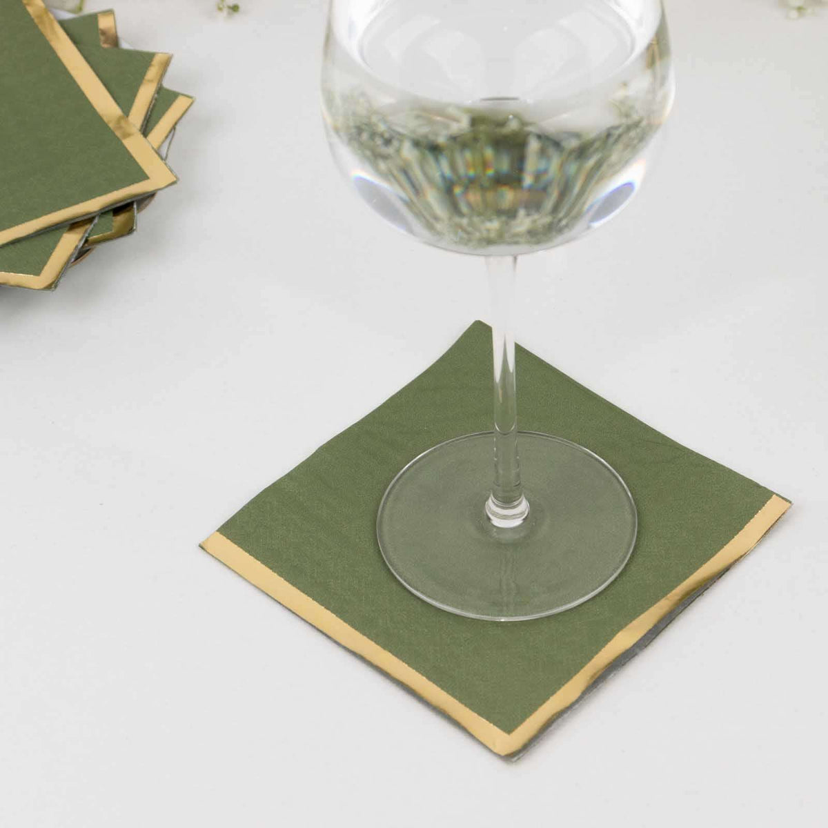 50-Pack Paper Beverage Napkins Dusty Sage Green with Gold Foil Edge - 2 Ply Disposable Soft 18GSM Cocktail Napkins 5"x5"