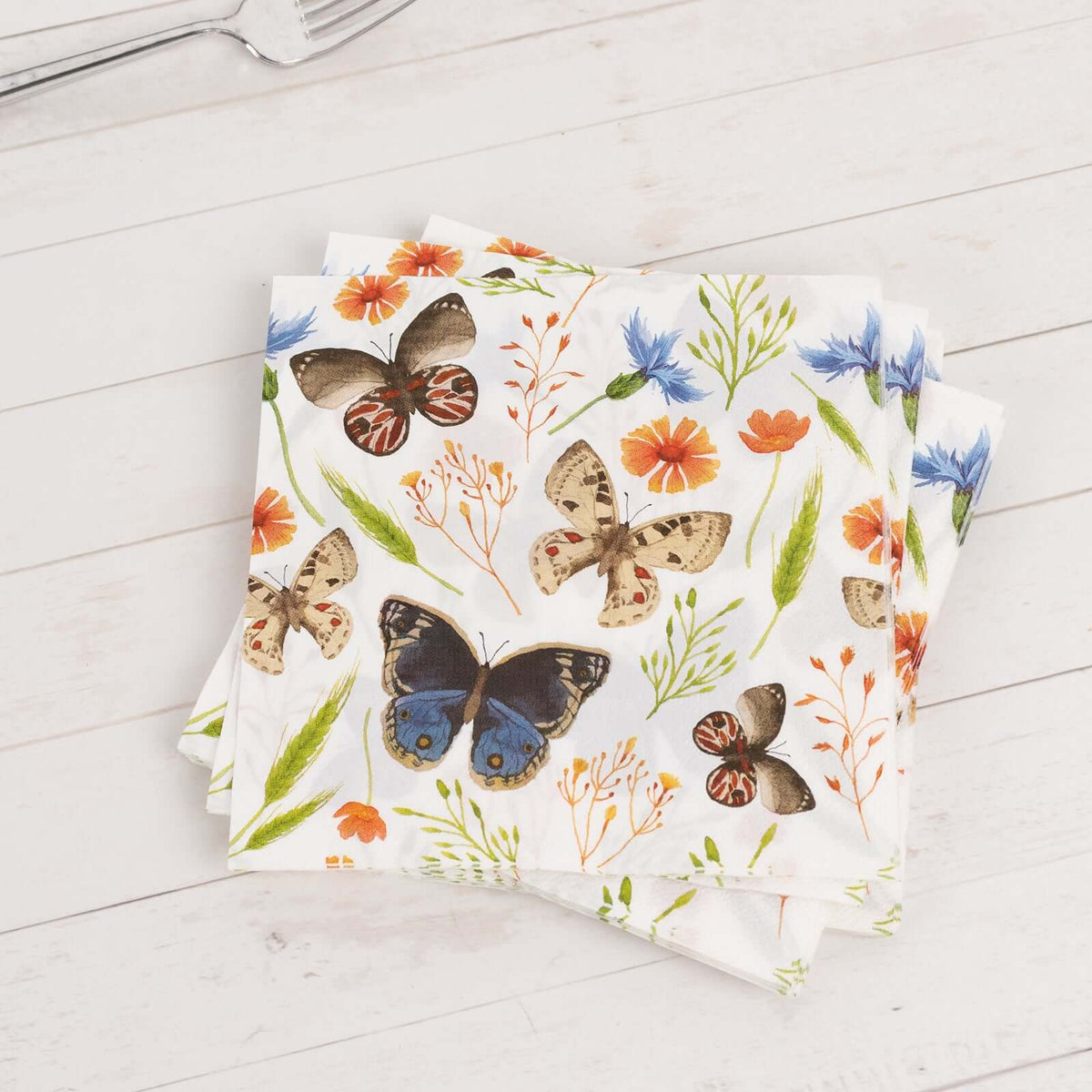 50-Pack Paper Beverage Napkins with Field Herbs and Butterfly Print Ivory - 2 Ply Disposable 18GSM Garden Party Napkins 6.5"x6.5"