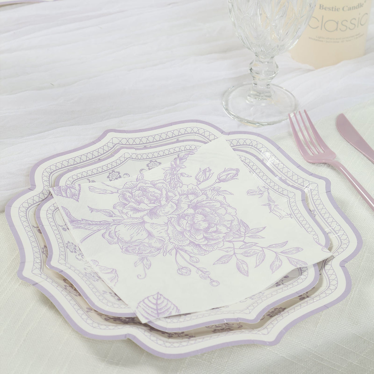 50 Pack 2-Ply Paper Beverage Napkins in Matte Lavender and White French Toile Floral Pattern, Highly Absorbent Soft Disposable Cocktail Napkins