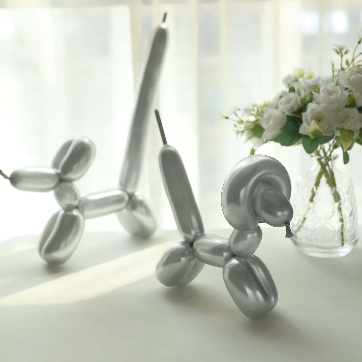 50 Pack Assorted Metallic Silver Long Latex Balloons For Twisting Magic, Animal Modelling Party Balloons