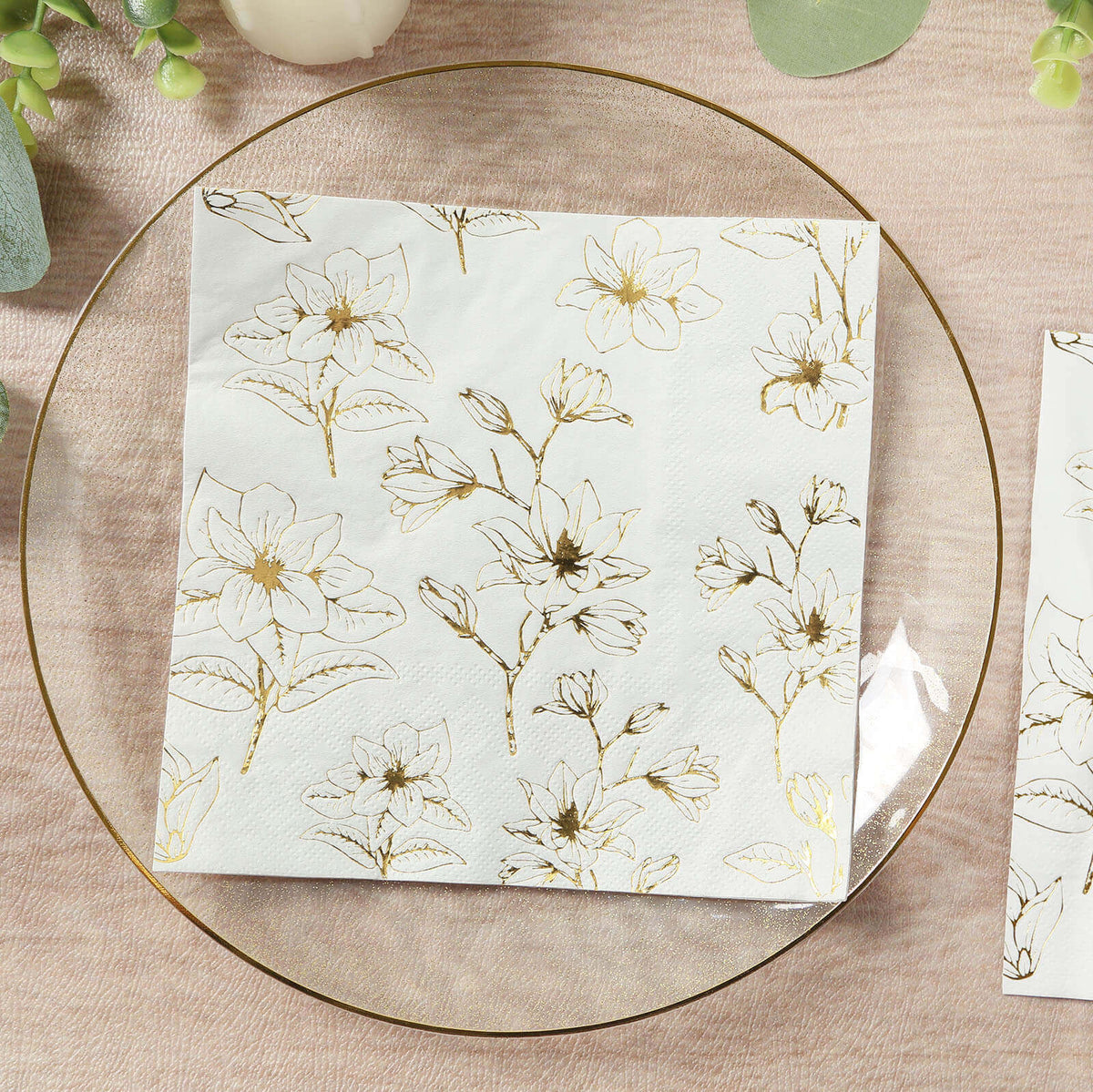 50-Pack Paper Cocktail Napkins with Gold Magnolia Flowers Print White - Highly 2 Ply Absorbent Soft Napkins for Beverages