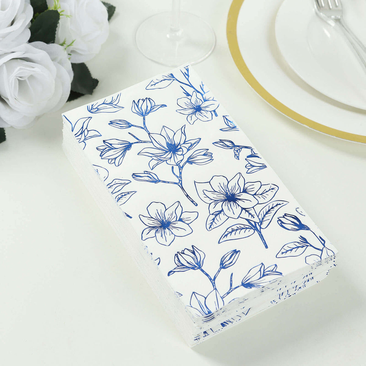50-Pack Paper Dinner Napkins White with Blue Magnolia Flowers Print 2-Ply - Disposable Soft Napkins for Parties