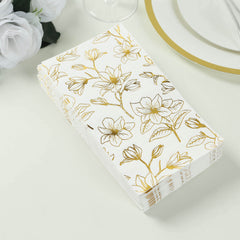 50-Pack Paper Dinner Napkins White with Gold Magnolia Flowers Print 2-Ply - Disposable Soft Napkins for Parties