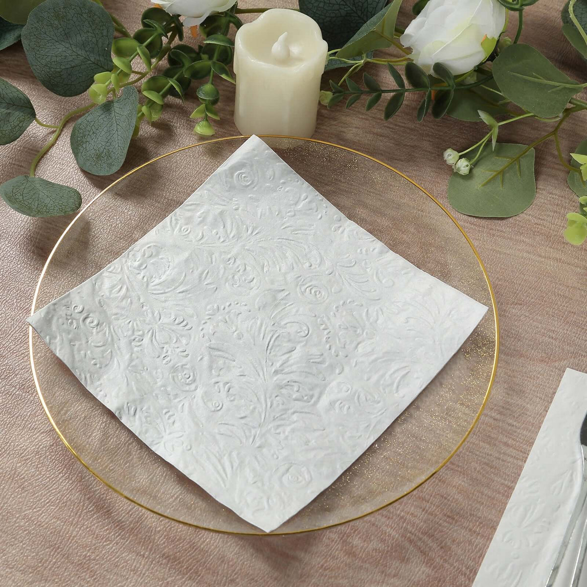 50-Pack Paper Cocktail Napkins with Embossed French Swirl Pattern White - Soft 2 Ply Beverage Napkins for Events 6.5"x6.5"