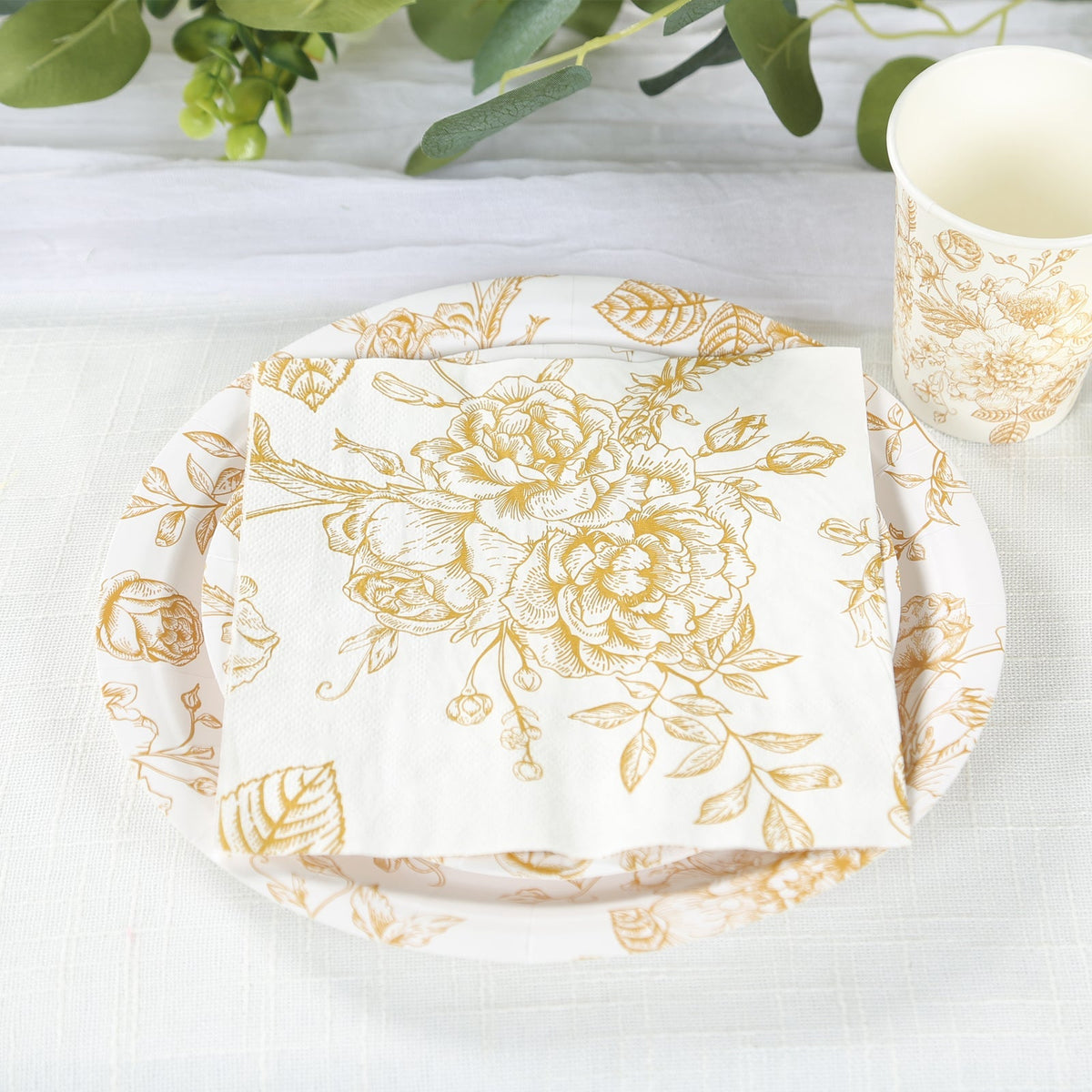50-Pack Paper Cocktail Napkins with French Toile Floral Pattern White/Gold - Soft 2 Ply Beverage Napkins for Events