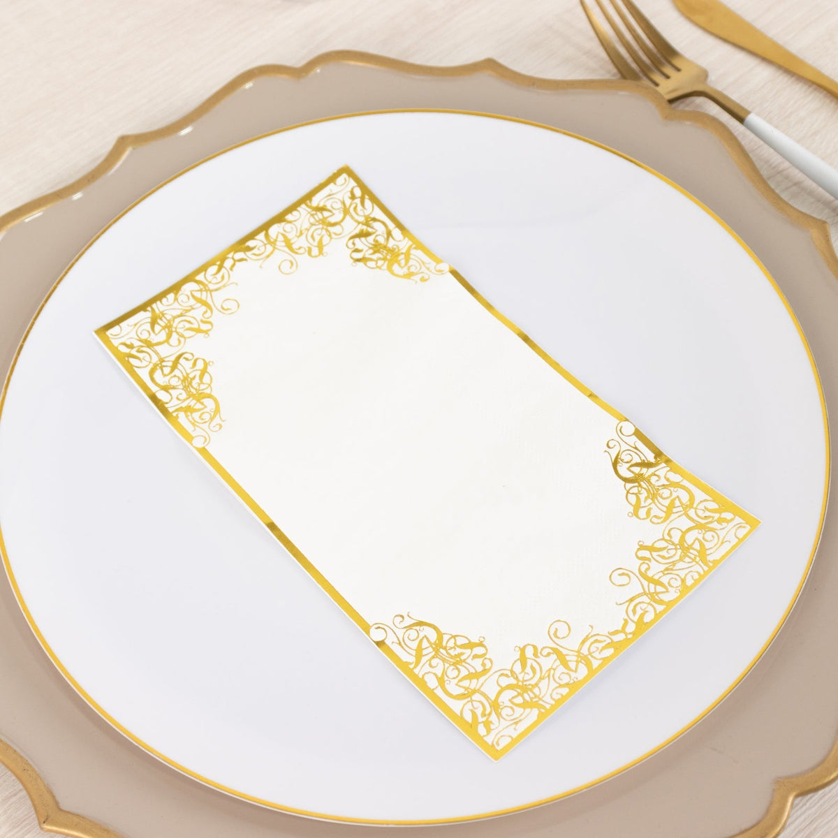50-Pack Paper Dinner Napkins White with Gold Foil Lace Design 2 Ply - European Style Napkins for Parties 8"x4"