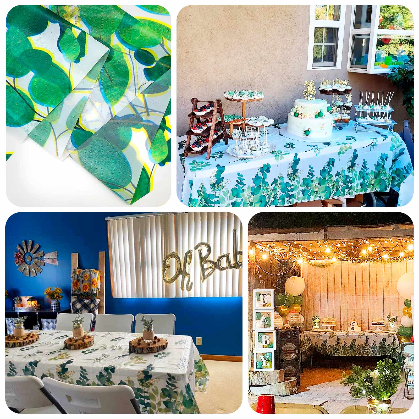 5-Pack Plastic Table Covers White/Green Rectangle with Eucalyptus Leaves Print - Decorative PVC Disposable Tablecloths 54"x108"