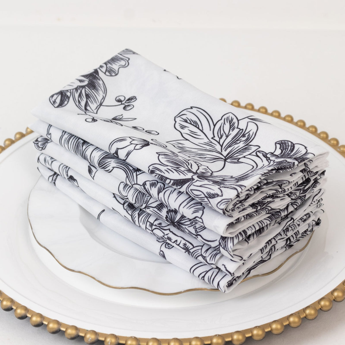 5-Pack French Toile Polyester Cloth Napkins – 17"x17" Black and White Reusable Table Napkins in Floral Design for Events & Dining