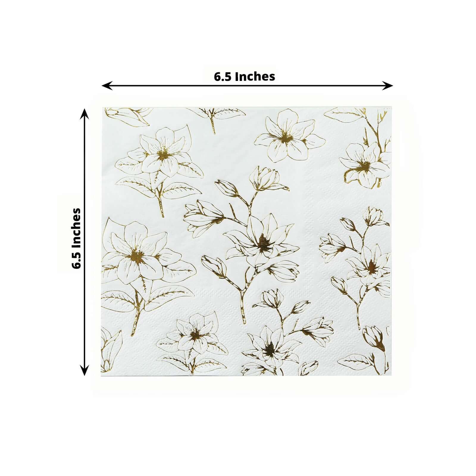 50-Pack Paper Cocktail Napkins with Gold Magnolia Flowers Print White - Highly 2 Ply Absorbent Soft Napkins for Beverages