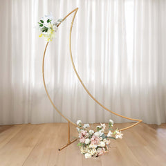 6.5ft Gold Metal Crescent Moon Wedding Arch Backdrop Stand, Curved Arbor Floral Balloon Frame with Sturdy Base