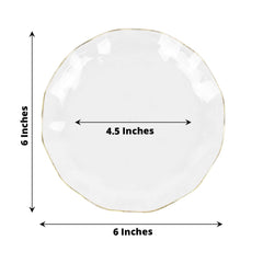 10-Pack Plastic Round 6" Dessert Plates in Clear Ruffled Rim with Gold Edging - Sturdy Disposable Salad Appetizer Dinnerware