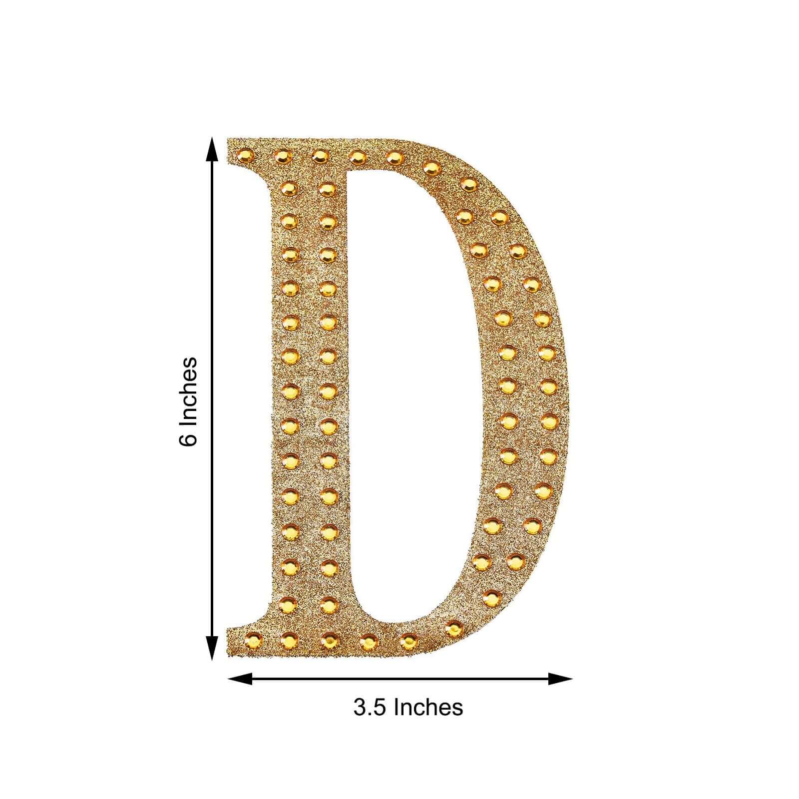 Decorative Rhinestone Alphabet "D" Letter Stickers, Glitter Adhesive Craft Letters Gold DIY Sparkle Embellishments 6"