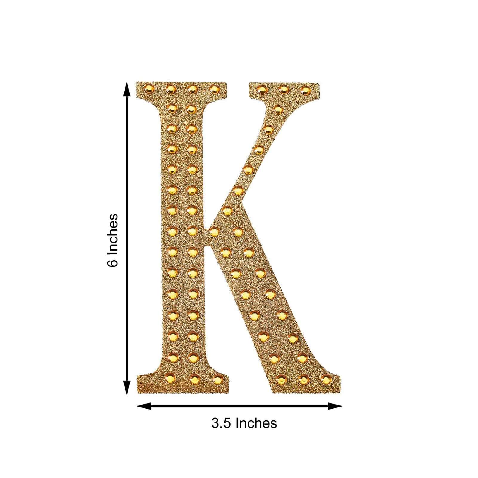 Decorative Rhinestone Alphabet "K" Letter Stickers, Glitter Adhesive Craft Letters Gold DIY Sparkle Embellishments 6"