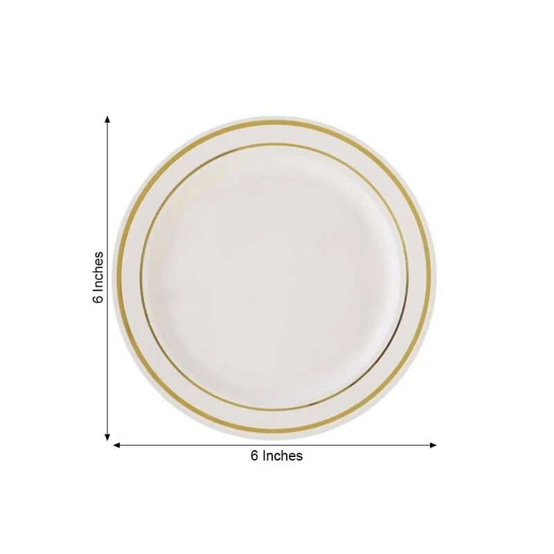 10-Pack Plastic Dessert Plates Ivory with Très Chic Gold Rim - Disposable Appetizer Plates for Parties 6"