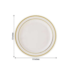 10-Pack Plastic Dessert Plates Ivory with Très Chic Gold Rim - Disposable Appetizer Plates for Parties 6"