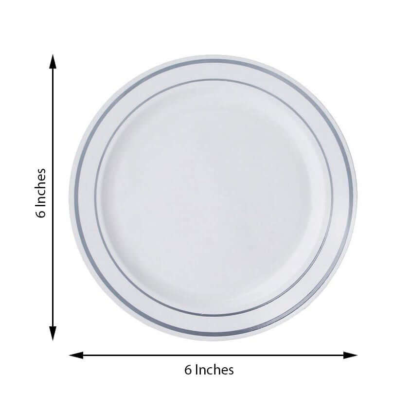 10-Pack Plastic Dessert Plates White with Très Chic Silver Rim - Disposable Plates for Appetizers 6"