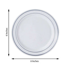 10-Pack Plastic Dessert Plates White with Très Chic Silver Rim - Disposable Plates for Appetizers 6"
