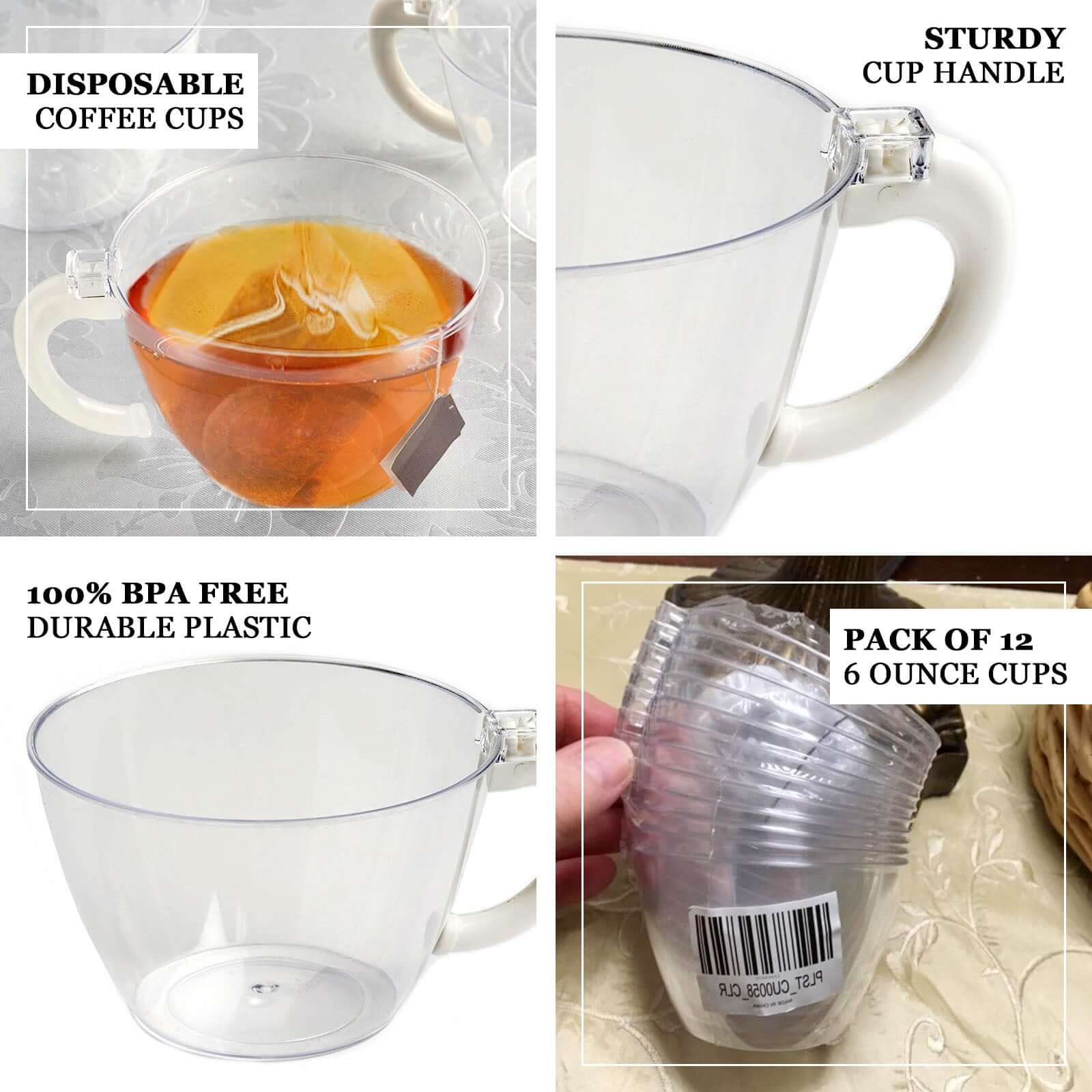 25-Pack Disposable Plastic Coffee Cups with Handles - 6oz Transparent Dusty Blue Hard Tea Mugs for Hot Beverages