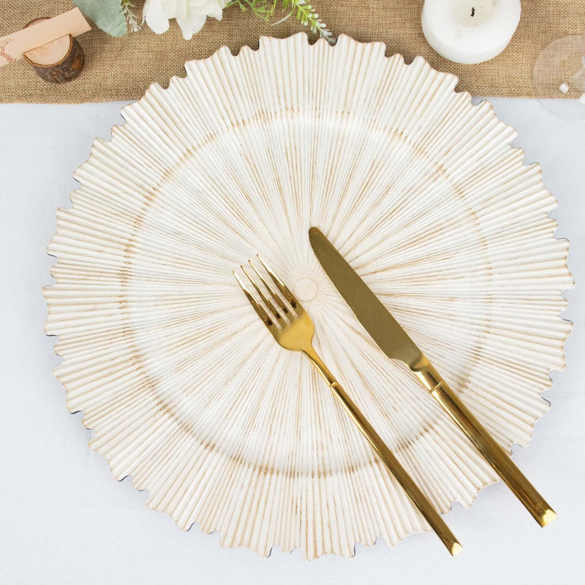 6-Pack Acrylic Plastic Round Charger Plates 13" in Antique White with Sunray Scalloped Rim, Decorative Dinner Party Charger Tableware