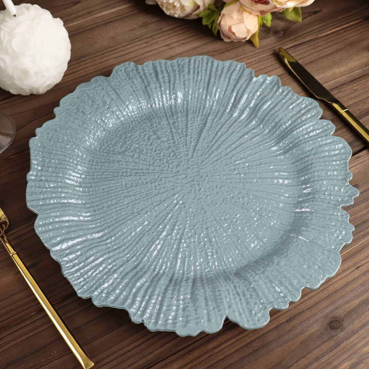6-Pack Acrylic Plastic Round Charger Plates 13" in Dusty Blue with Reef Design, Dinner Charger Tableware