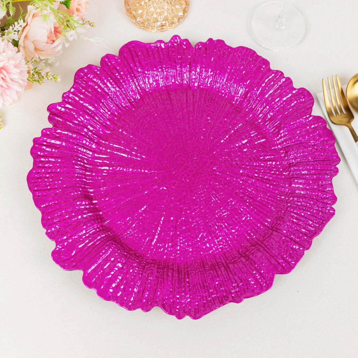 6-Pack Acrylic Plastic Round Charger Plates 13" in Fuchsia with Reef Design, Dinner Charger Tableware