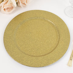 6-Pack Acrylic Plastic Round Charger Plates 13" in Gold with Dust Free Glitter Finish, Decorative Dinner Party Charger Tableware