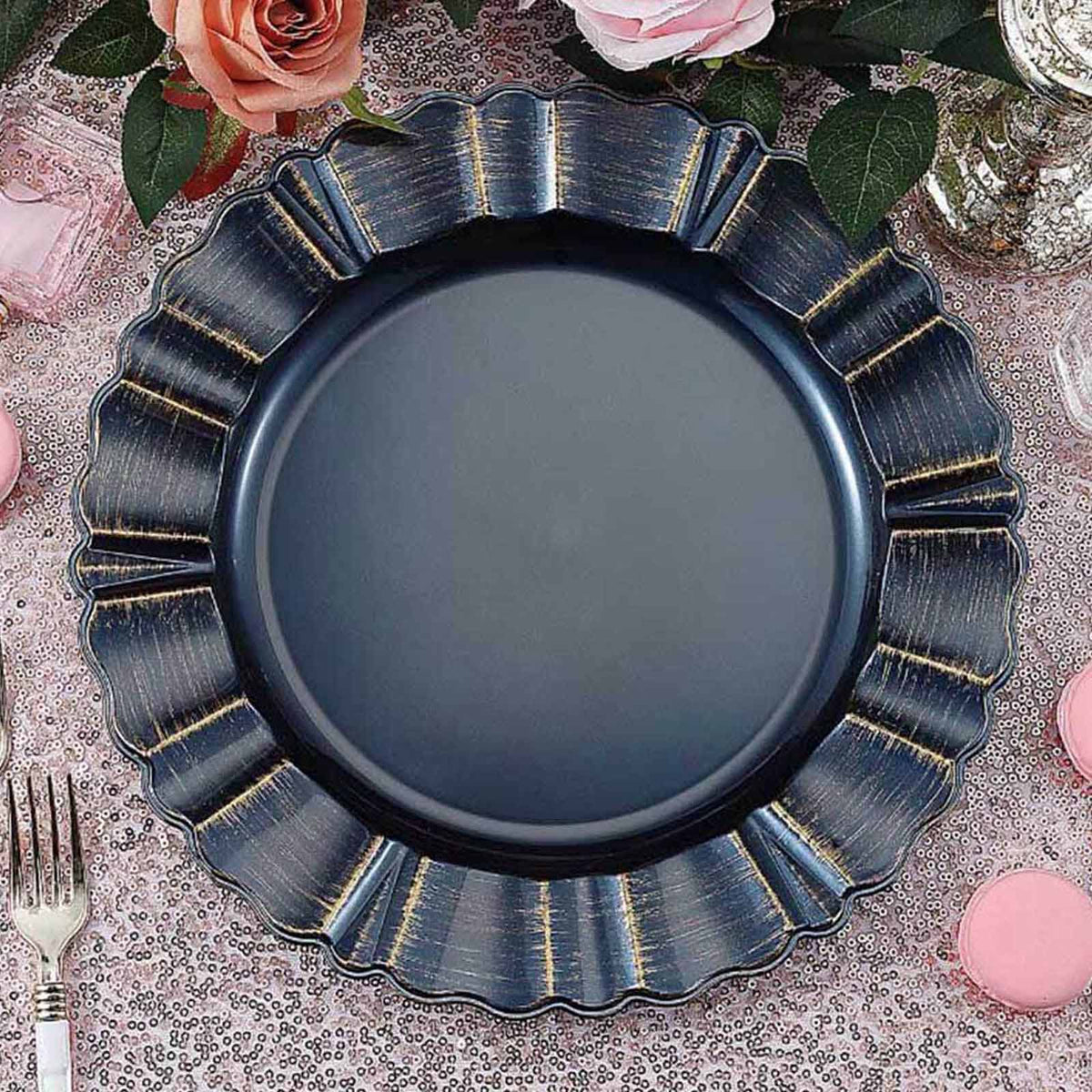 6-Pack Acrylic Plastic Round Charger Plates 13" in Navy Blue with Gold Brushed Wavy Scalloped Rim, Decorative Dinner Party Charger Tableware