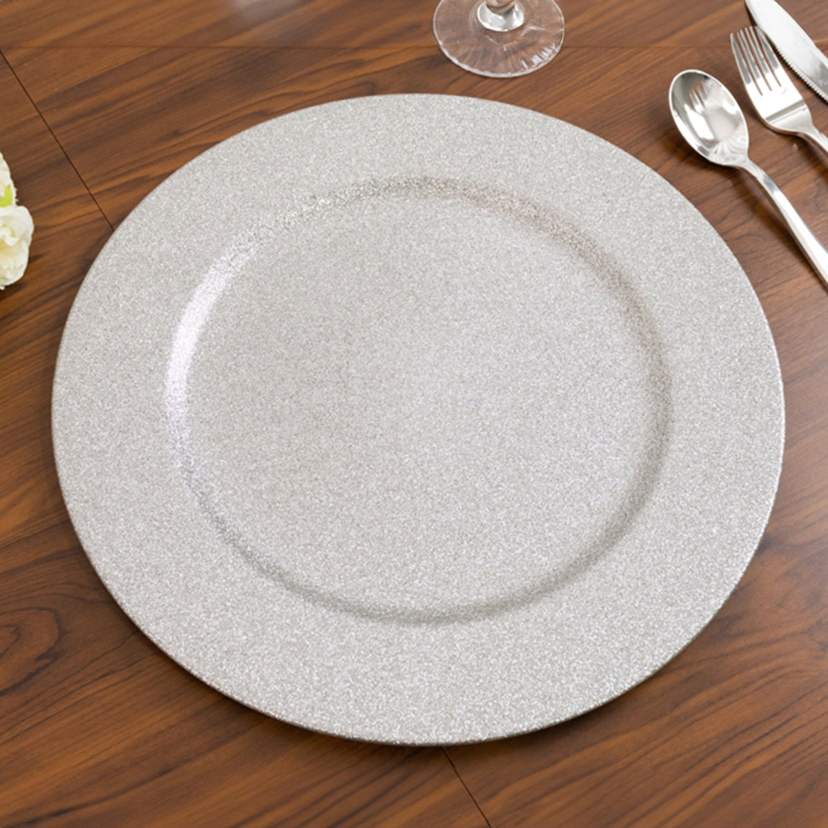6-Pack Acrylic Plastic Round Charger Plates 13" in Silver with Dust Free Glitter Finish, Decorative Dinner Party Charger Tableware