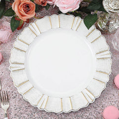 6-Pack Acrylic Plastic Round Charger Plates 13" in White with Gold Brushed Wavy Scalloped Rim, Decorative Dinner Party Charger Tableware