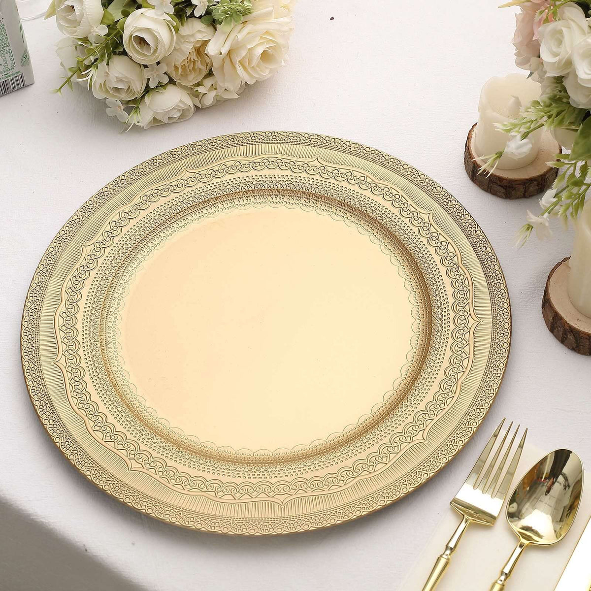 6-Pack Acrylic Round Charger Plates 13" in Gold with Lace Embossed Rim, Rustic Plastic Decorative Charger Tableware