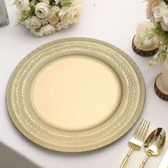 6-Pack Acrylic Round Charger Plates 13" in Gold with Lace Embossed Rim, Rustic Plastic Decorative Charger Tableware
