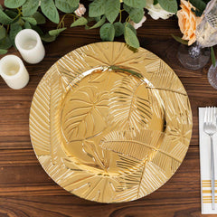 6-Pack Acrylic Round Charger Plates 13" in Metallic Gold with Embossed Tropical Leaves, Decorative Dinner Charger Tableware