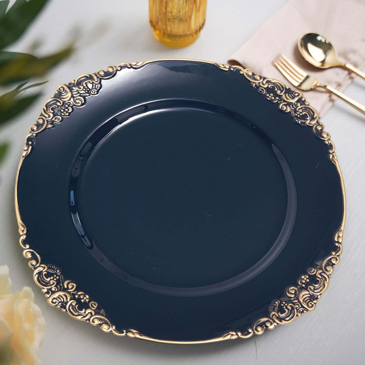 6-Pack Acrylic Round Charger Plates 13" in Navy Blue with Gold Embossed Baroque Rim, Antique Decorative Dinner Party Charger Tableware
