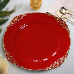 6-Pack Acrylic Round Charger Plates 13" in Red with Gold Embossed Baroque Rim, Antique Decorative Dinner Party Charger Tableware
