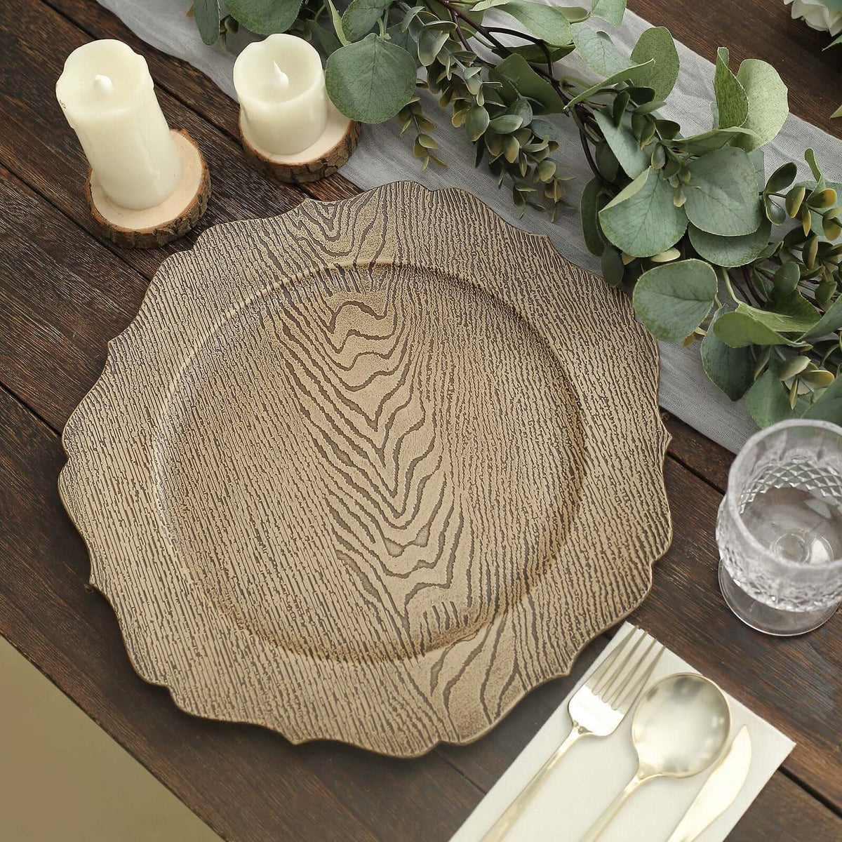 6-Pack Acrylic Round Charger Plates 13" in Rustic Natural with Wood Grain Scalloped Rim, Decorative Dinner Party Charger Tableware