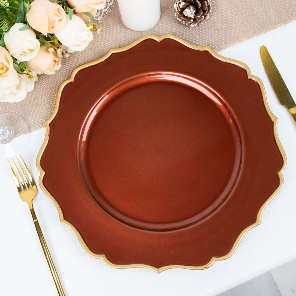 6-Pack Acrylic Round Charger Plates 13" in Terracotta (Rust) with Gold Scalloped Rim, Decorative Dinner Party Plastic Charger Tableware