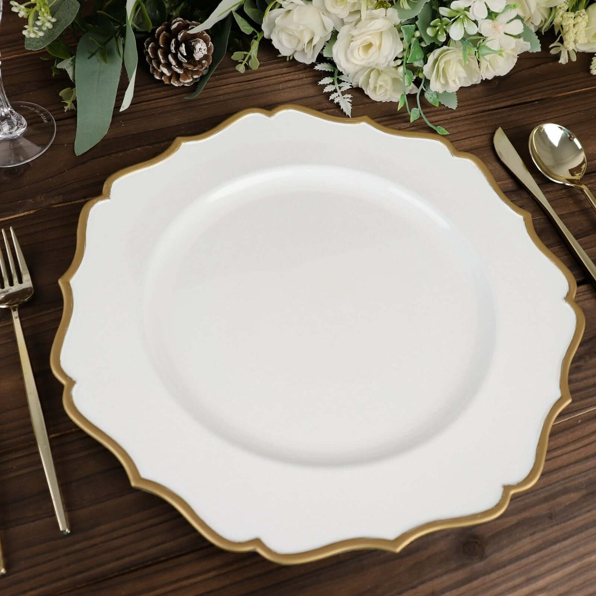 6-Pack Acrylic Round Charger Plates 13" in White with Gold Scalloped Rim, Decorative Dinner Party Plastic Charger Tableware