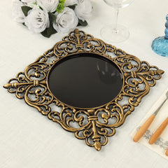 6-Pack Acrylic Square Charger Plates 12" in Black with Antique Gold Hollow Lace Border, Event Tabletop Decorative Charger Tableware